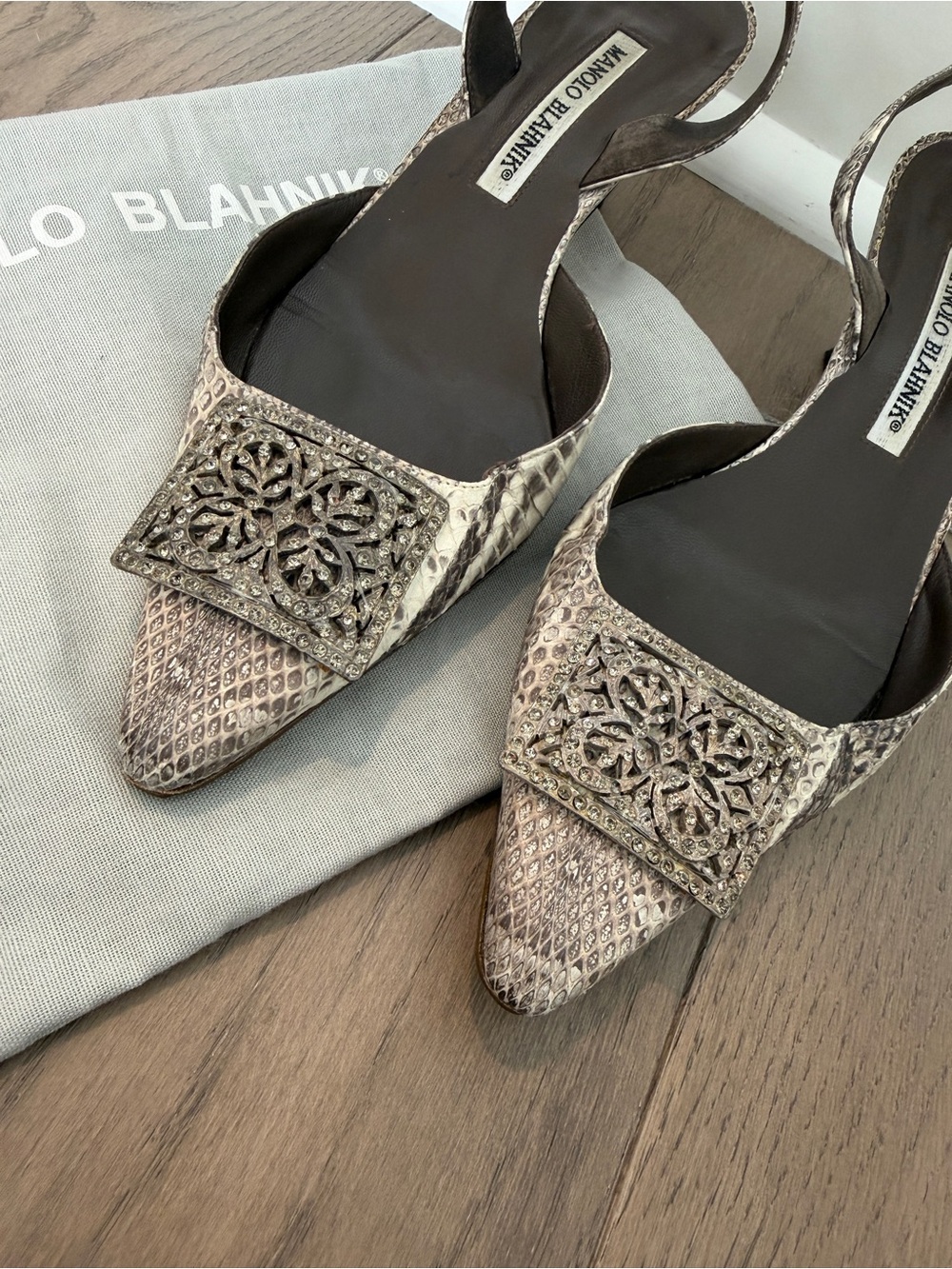 Manolo Blahnik Beige Snakeskin Crystal Buckle Slingback Pumps